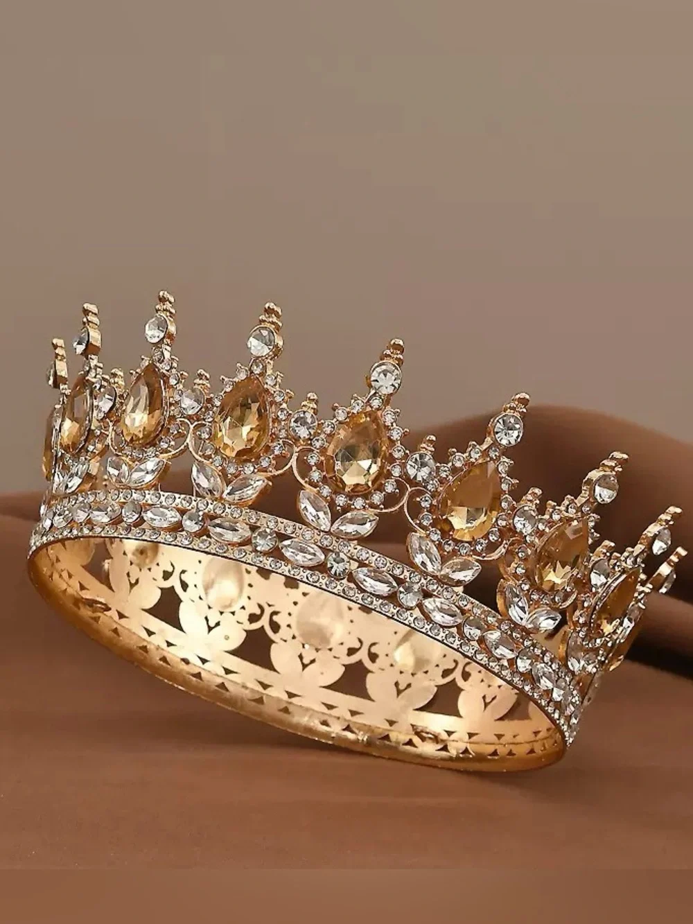 Gold Crystal Teardrop Crown Tiara - Elegant Women's Hair Accessory